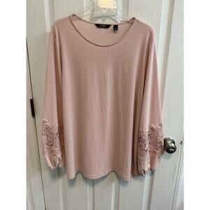 Dennis Basso XL Pullover Pink Blouse Long Sleeve Crocheted Sleeve Detail New​